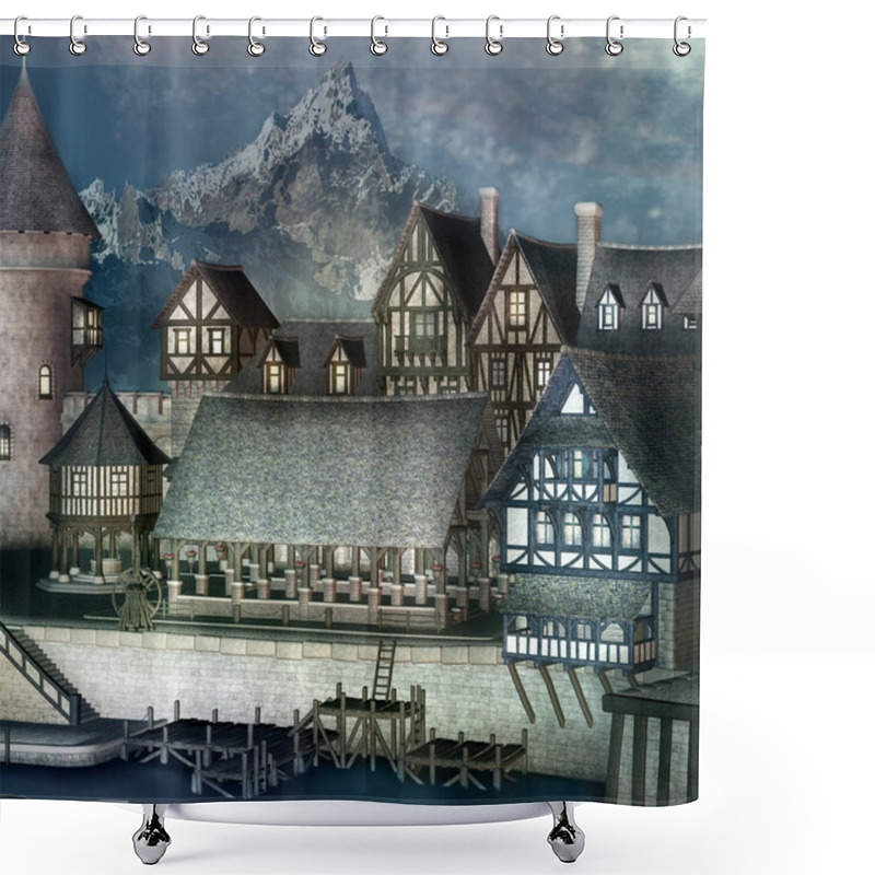 Personality  Medieval Fantasy Town By The River In A Mountain Scenery, 3D Illustration Shower Curtains