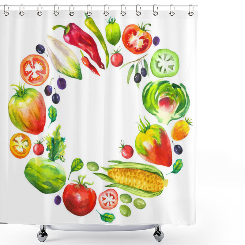 Personality  Watercolor Illustration With Round Composition Of Farm Illustrations. Vegetables Set: Artichokes, Tomato, Olives, Cauliflower, Chicory, Corn, Tomato, Spinach, Peppers. Fresh Organic Food. Shower Curtains