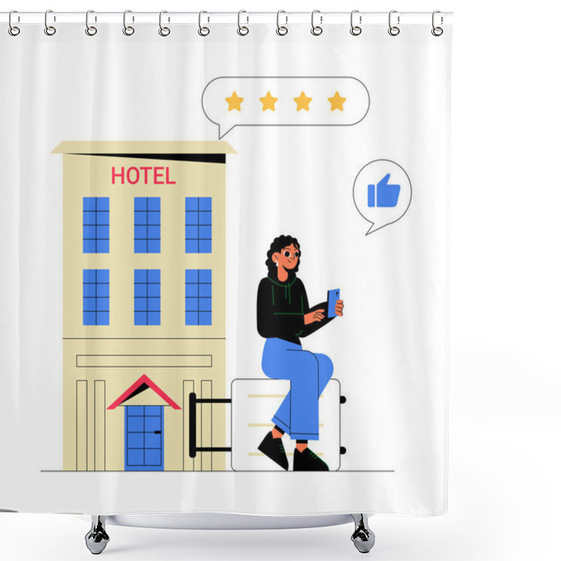 Personality  Female Traveler Seated On Luggage Outside A Hotel Building, Giving A Five Star Rating With A Thumbs Up Icon, Symbolizing Hotel Rating And Feedback. Shower Curtains