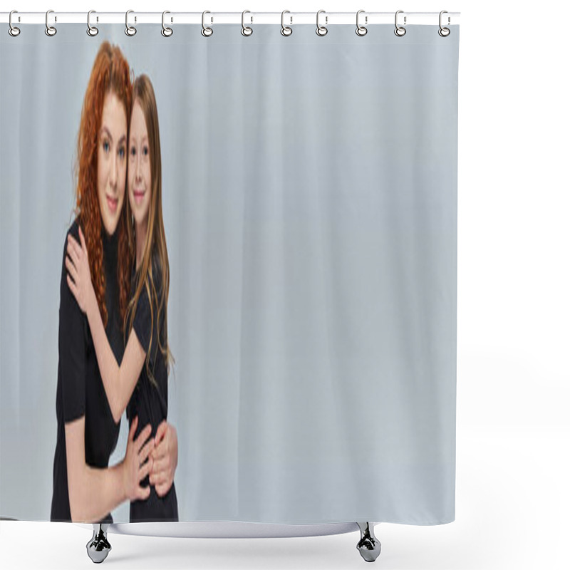 Personality  Happy Young Mother With Curly Red Hair Hugging Little Girl On Grey Backdrop, Two Generations, Banner Shower Curtains