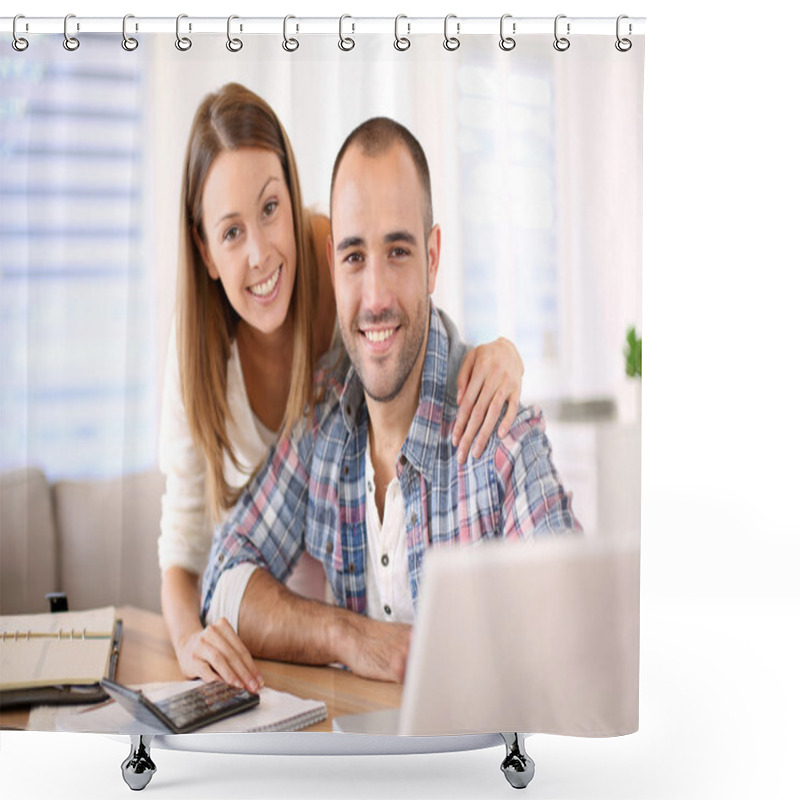 Personality  Smiling Couple Calculating Savings Shower Curtains