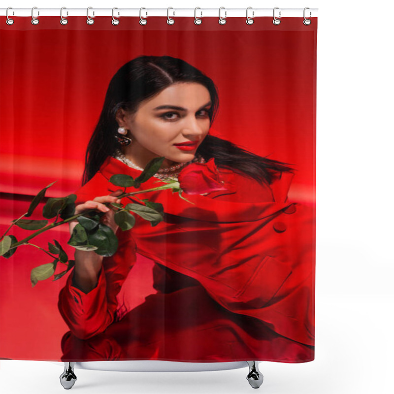 Personality  Pretty Brunette Woman In Jacket Holding Rose And Looking At Camera On Red Background  Shower Curtains