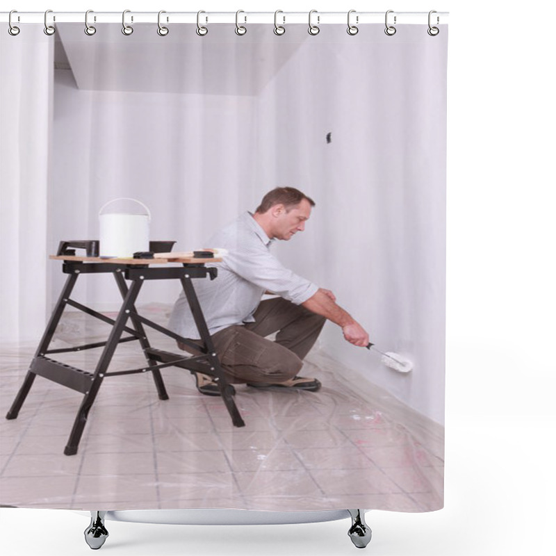 Personality  Man Painting A Wall Shower Curtains