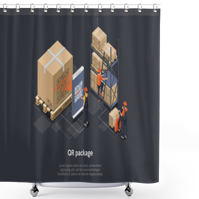 Personality  Conceptual Art Of QR Code On Package For Sale With Three Characters. Isometric Vector Composition, Cartoon 3D Style Illustration. Warehouse Interior, Parcels And Big Cardboard Box. Barcode And Scanner Shower Curtains