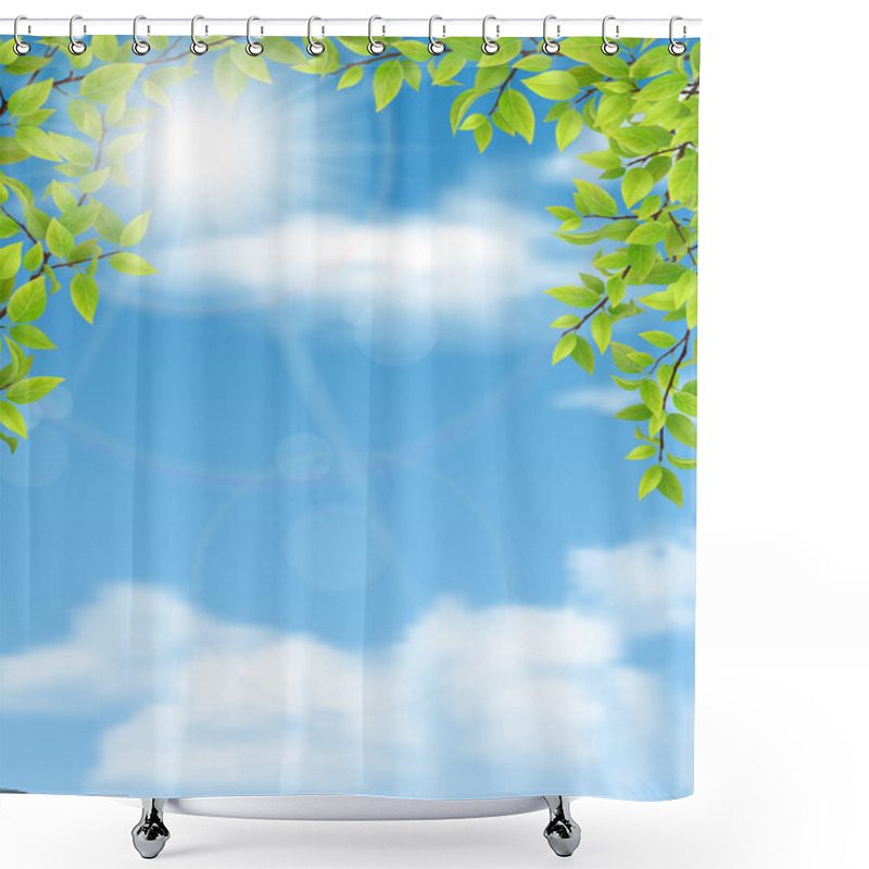 Personality  Trees Branches With Green Leaves On Blue Sky Background Shower Curtains