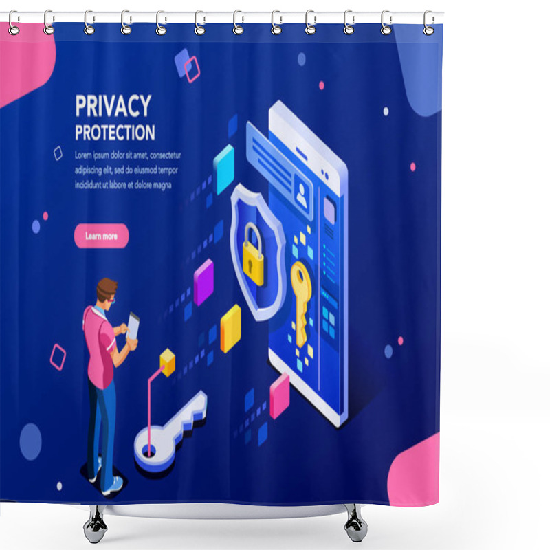 Personality  Infographic, Banner With Hero Protect Data And Confidentiality. Safety And Confidential Data Protection, Concept With Character Saving Code And Check Access. Flat Isometric Vector Illustration. Shower Curtains