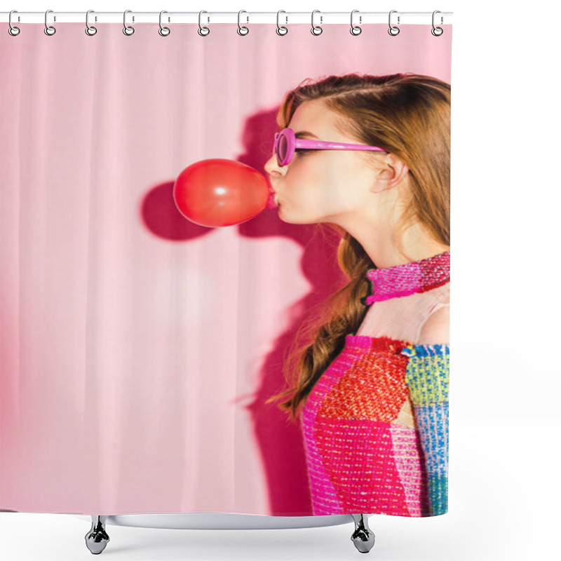 Personality  Attractive Girl In Sunglasses Blowing Red Bubble Gum On Pink Shower Curtains