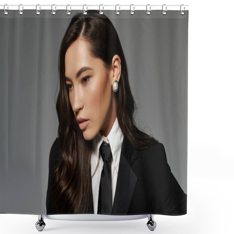 Personality  Fashionable Young Woman Showcasing Her Long Brown Hair And Stylish Outfit In A Contemporary Studio. Shower Curtains