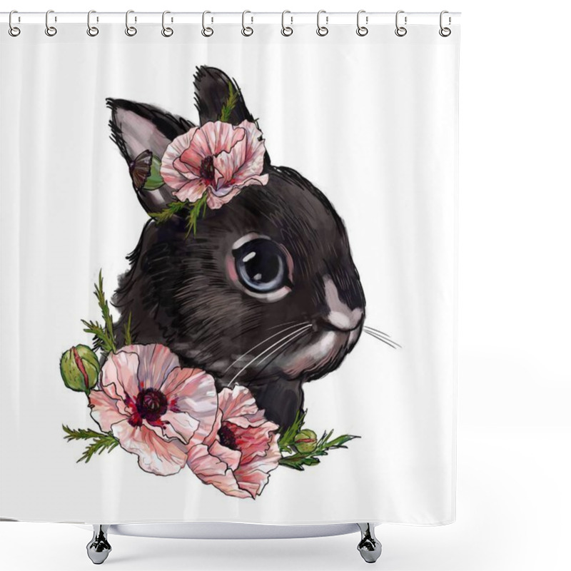 Personality  Rabbit With Pink Poppy Flowers, Cute Children's Illustration, Best T-shirt Print, Animal Print With Peonies. Rabbit On A White Background Shower Curtains