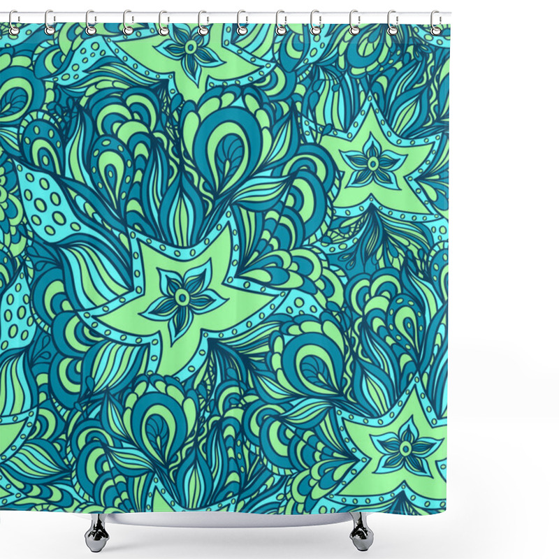 Personality  Seamless Pattern With Doodle Starfishes In Blue Green Shower Curtains