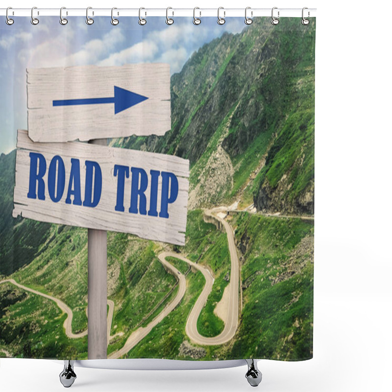 Personality  Wooden Plaques With Inscription Road Trip And Mountains On Sunny Day  Shower Curtains