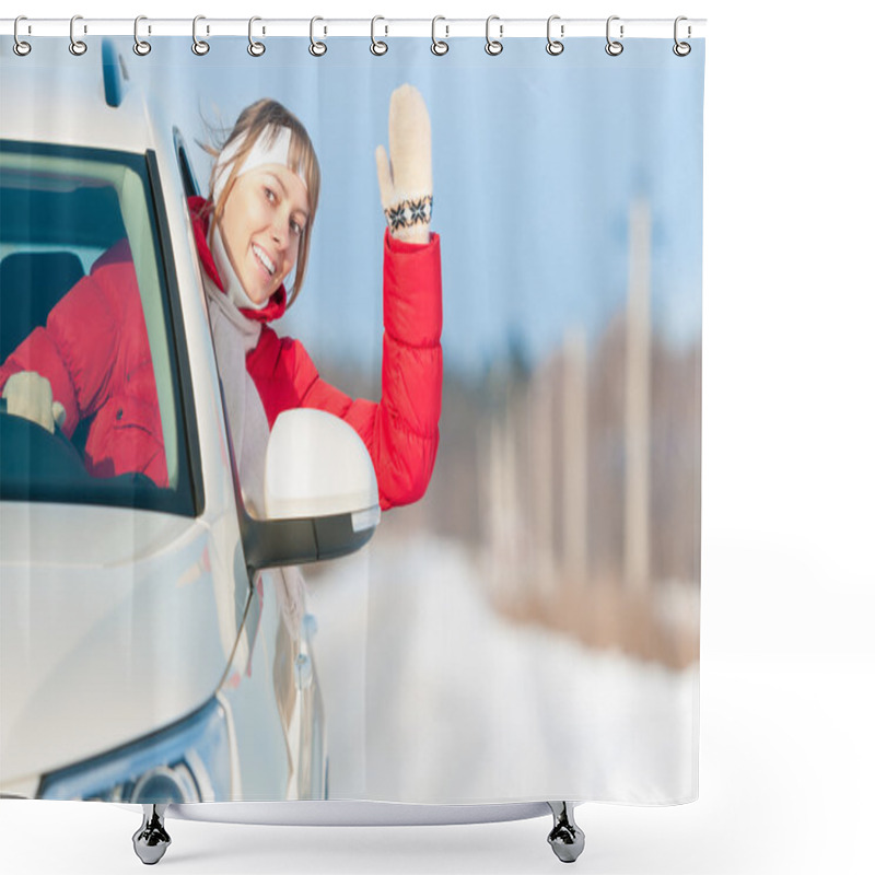 Personality  Happy Beautiful Woman Travels By Car In Winter. Shower Curtains