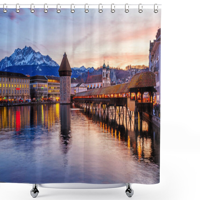 Personality  Lucerne, Switzerland, Historical Old Town On Dramatical Sunset Shower Curtains