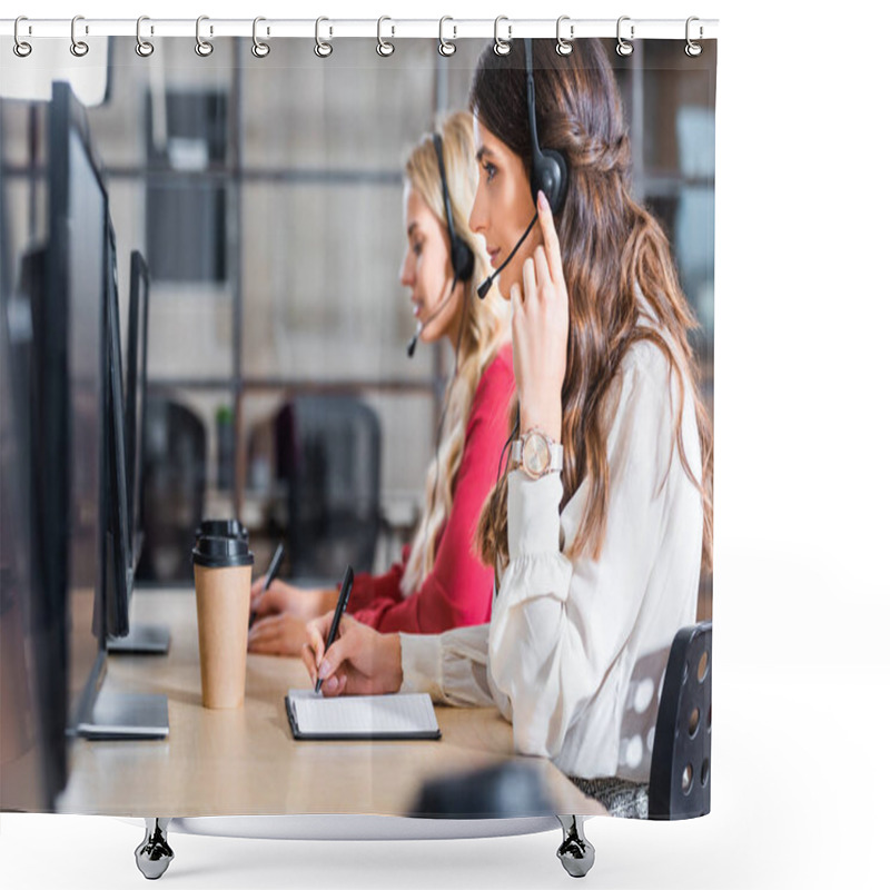 Personality  Side View Of Female Call Center Operators Working At Workplace In Office Shower Curtains