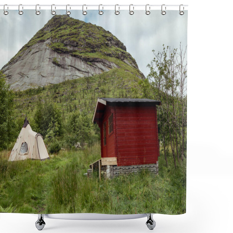 Personality  Nestled In The Lofoten Islands, A Vibrant Red Cabin And A Camping Tent Harmonize With The Lush Meadows And Majestic Hills, Inviting Nature Lovers To Unwind And Explore. Shower Curtains