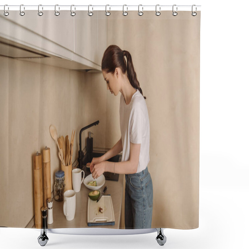 Personality  Young Woman Putting Tasty Avocado In Bowl Near Chopping Board And Knife  Shower Curtains