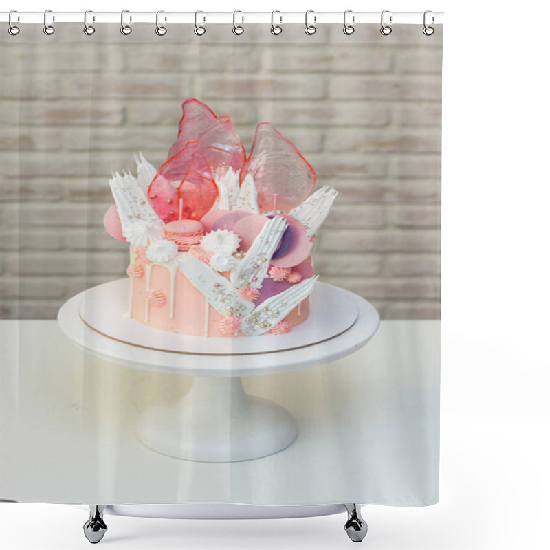 Personality  Modern Elegant Pink Cake With Caramel, White Chocolate, Waffle Paper, Meringues And French Macaroons Decoration On White Cakestand. Shower Curtains