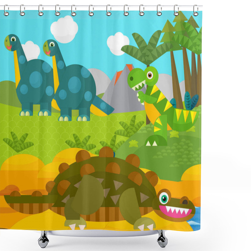 Personality  Cartoon Happy Dinosaur Near Some River And Volcano - Illustration For Children Shower Curtains