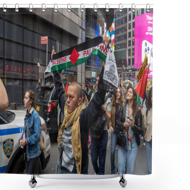 Personality  Pro-Palestinian Rally And March Held In New York's Times Square As Israel Declares War On Hamas In The Middle East. October 8, 2023, New York, New York, USA: Demonstrators Holding Banner, Signs And Flags March In Support Of Militant Group Shower Curtains