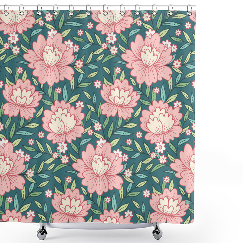 Personality  Provence Style Pattern With Green Leaves And Pink Peonies On Dark Green Background Shower Curtains