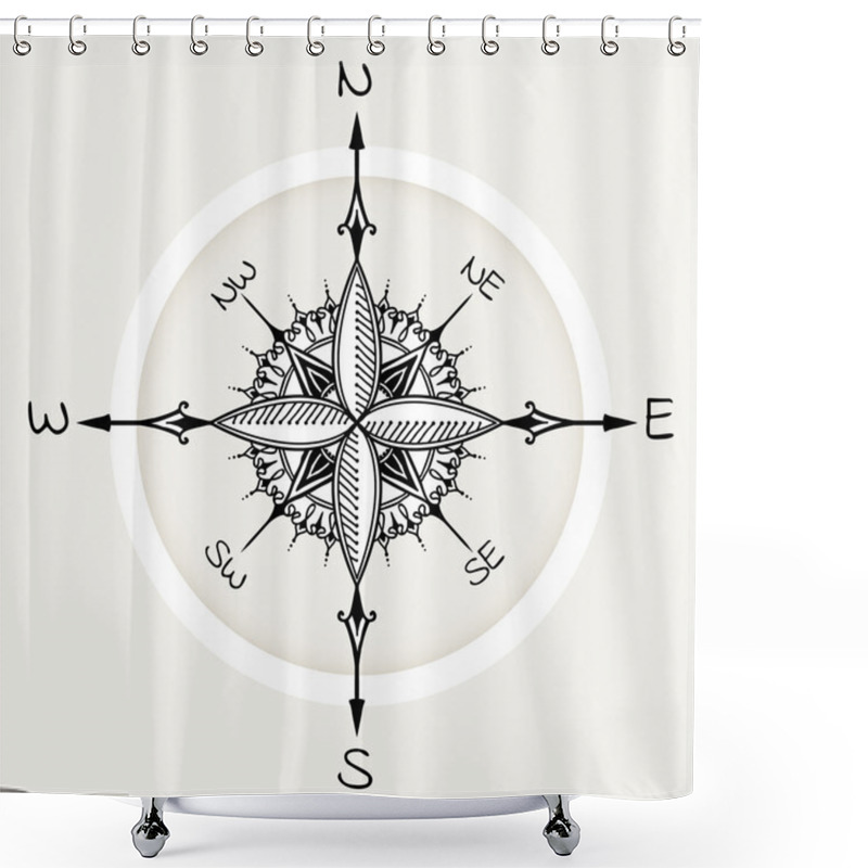 Personality  Graphic Wind Rose Compass Drawn With Floral Elements Shower Curtains