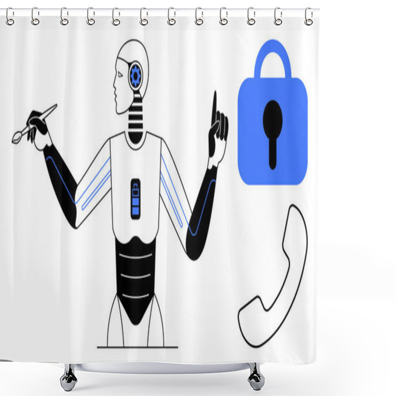 Personality  Robot Holding Paintbrush And Pointing, Symbolizing Creativity And Innovation. Blue Lock And Phone Icons On The Side. Ideal For AI Development, Technology, Digital Security, Communication Shower Curtains