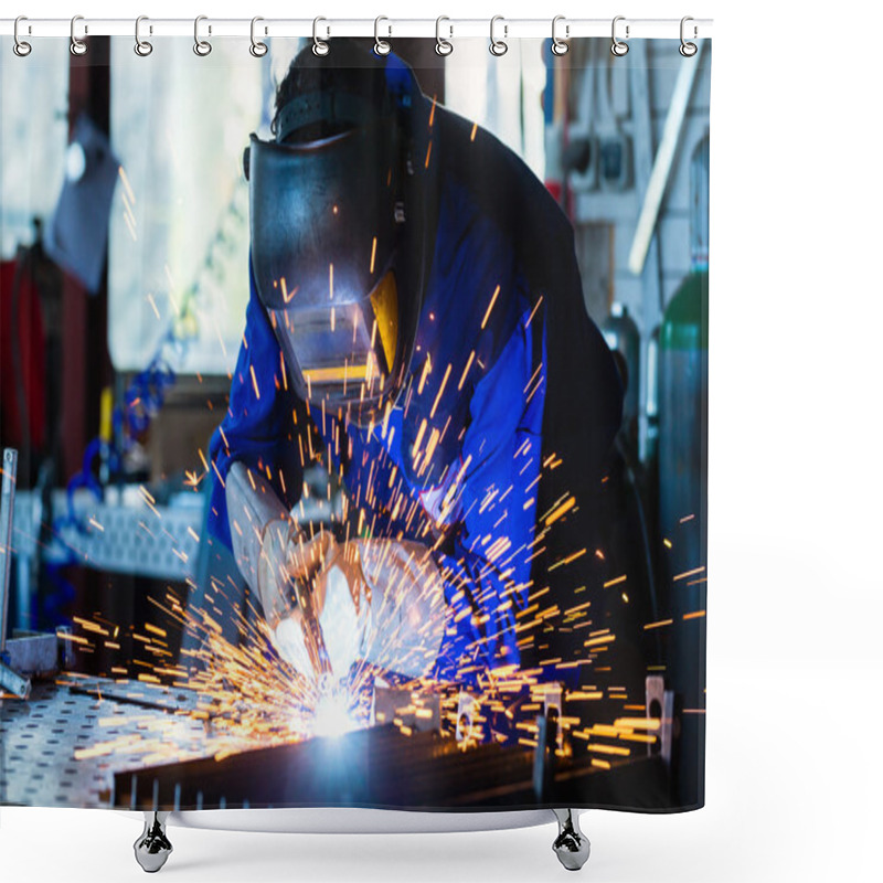 Personality  Welder Welding Metal In Workshop With Sparks Shower Curtains