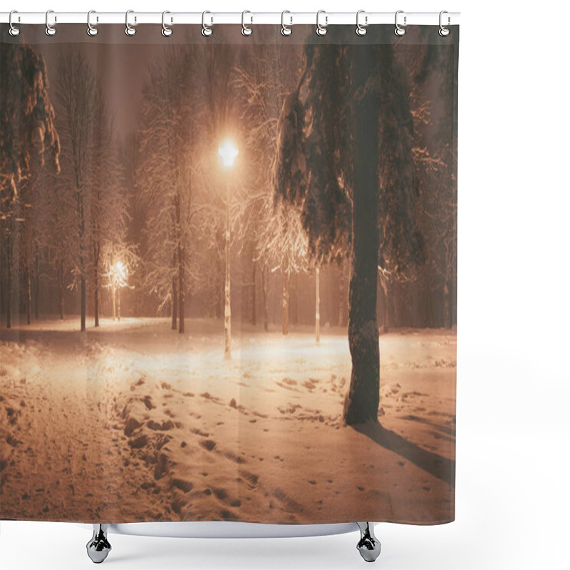 Personality  Night Winter Landscape. Snowy Alley Of City Illuminated Park Shower Curtains