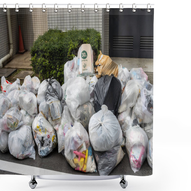 Personality  Tokyo, Japan, 28 October 2023: Piled Garbage Bags On A Tokyo Street For Collection Shower Curtains