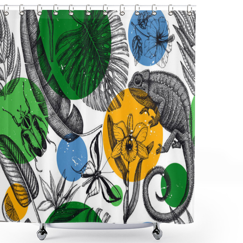 Personality  Tropical Seamless Pattern. Vector Backdrop With Hand Drawn Tropical Plants, Exotic Flowers, Palm Leaves, Insects And Chameleon. Vintage Wildlife Background. Summer Design With Tropical Plants And Animals. Shower Curtains