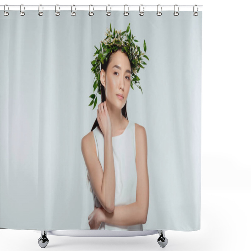 Personality  Beautiful Asian Girl Posing In Floral Wreath, Isolated On Grey Shower Curtains