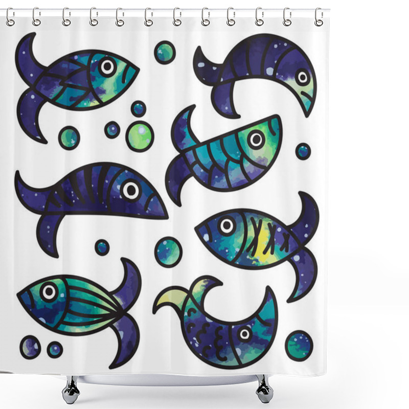 Personality  Hand Drawn Cosmic Collection Of Various Fish. Isolated On White Background Shower Curtains