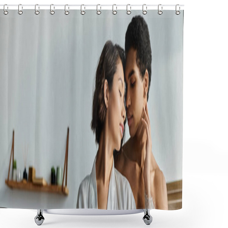 Personality  A Young Asian Woman And African American Man Share A Tender Embrace, Their Eyes Closed In A Moment Of Intimacy. Shower Curtains