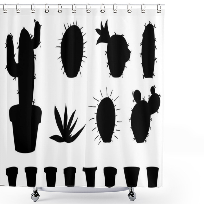 Personality  Vector Of Black Cactuses And Flower Pots Silhouettes Shower Curtains