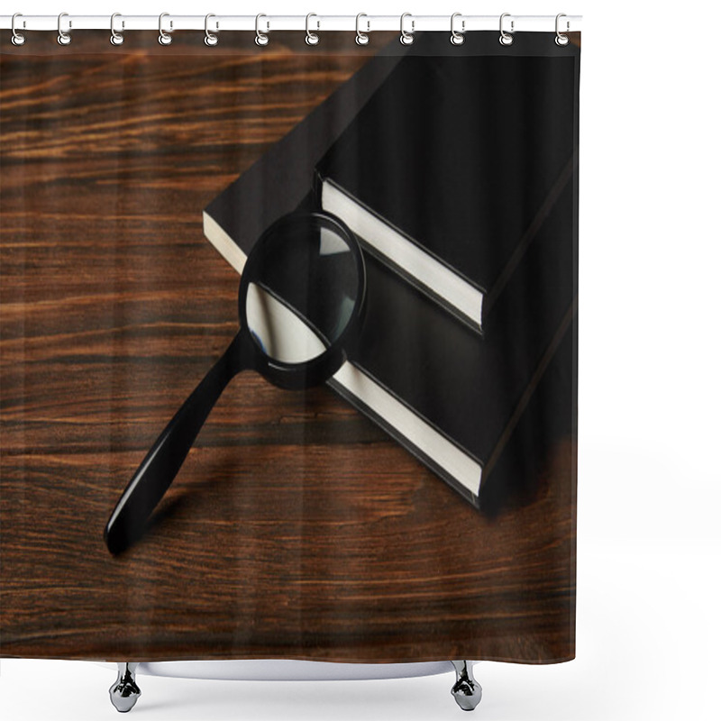 Personality  Close-up View Of Magnifying Glass And Black Books On Wooden Table Shower Curtains