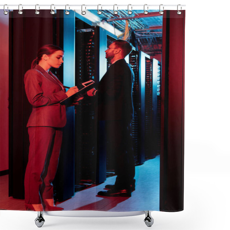 Personality  Attractive Businesswoman Holding Clipboard Near Businessman In Data Center  Shower Curtains