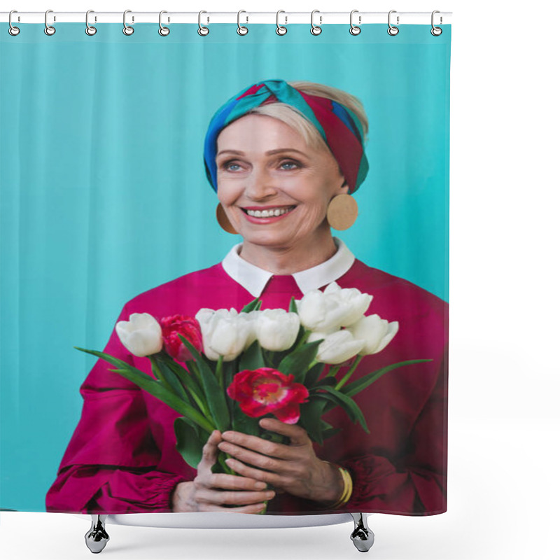 Personality  Attractive Smiling Senior Woman With Bouquet Of Spring Flowers, Isolated On Turquoise Shower Curtains