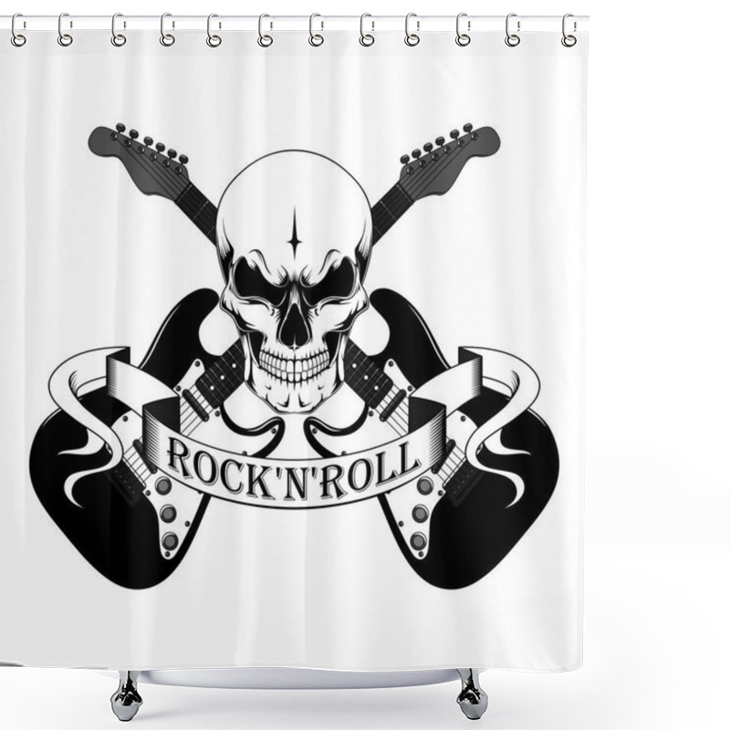 Personality  Skull, Two Guitars, Tape, Rock And Roll. Vector Image On White Background. Shower Curtains