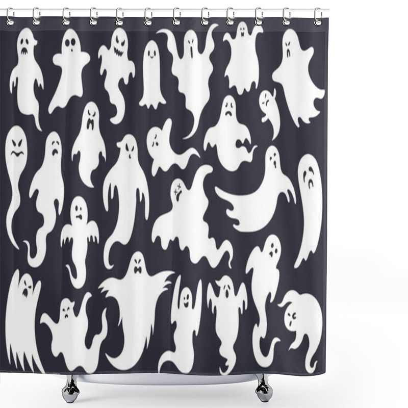 Personality  Spooky Halloween Ghost. Scary Ghost Characters, Fly Funny Spook, Cute Smiling Scare Halloween Ghost Mascots Vector Illustration Set Shower Curtains