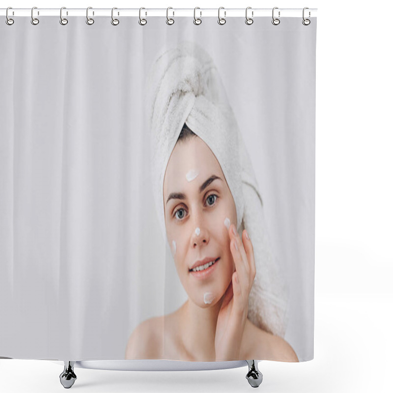 Personality  Skin Care. A Beautiful And Smiling Woman  Using A Skin Care Product, Moisturizer Or Lotion Taking Care Of Her Dry Complexion. Causing Moisturizer Cream Onto Her Face . Place For Text Shower Curtains