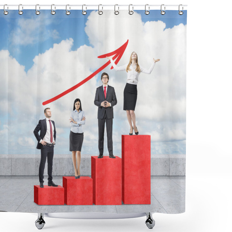 Personality  Stairs As A Huge Red Bar Chart Are On The Roof. Business People Are Standing On Each Step As A Concept Of Range Of Problems Or Levels Of Responsibility. A Growing Red Arrow Is Over Cloudy Sky. Shower Curtains