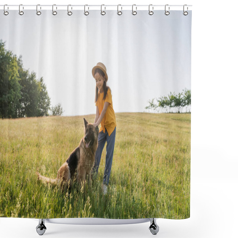 Personality  Girl In Straw Hat Stroking Fluffy Cattle Dog In Grassy Pasture On Summer Day Shower Curtains