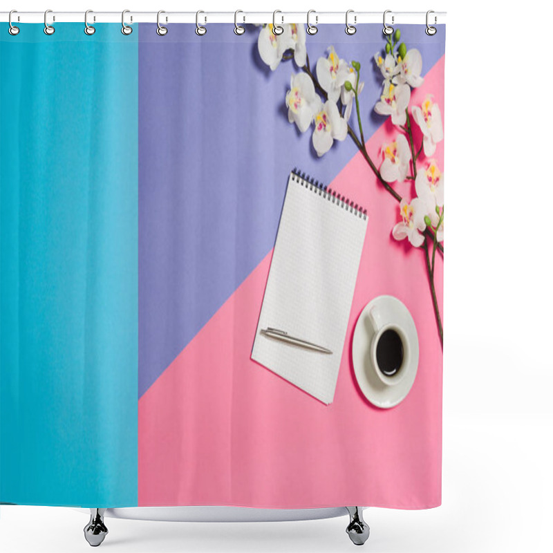 Personality  Flat Lay Photo Of A Creative Freelancer Woman Workspace Desk With Copy Space Background. Shower Curtains