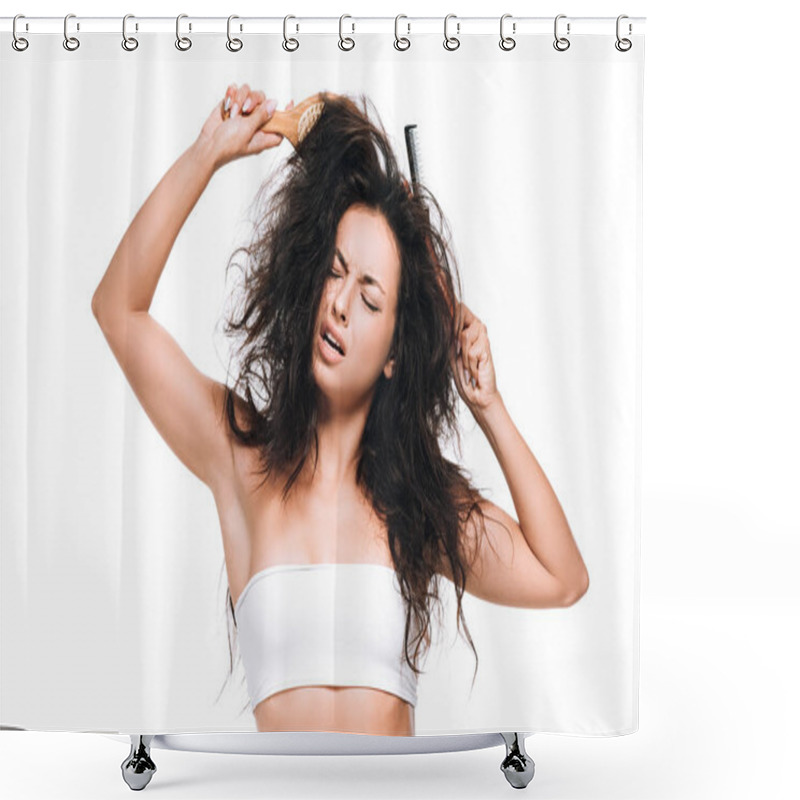 Personality  Brunette Woman With Closed Eyes And Combs In Wavy Unruly Hair Isolated On White Shower Curtains