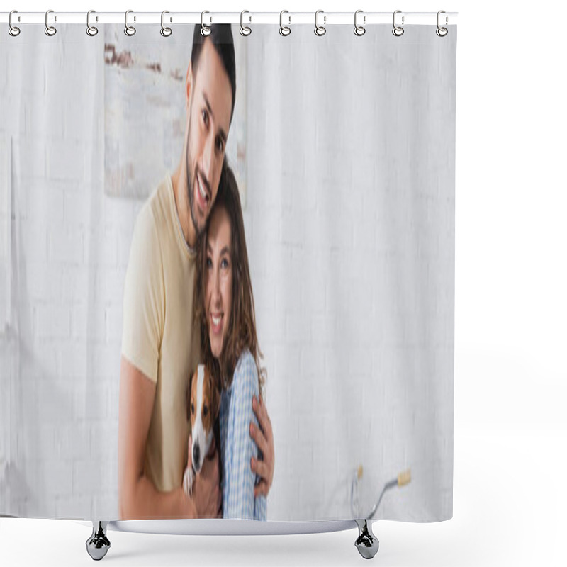 Personality  Cheerful Multiethnic Couple Hugging With Jack Russell Terrier In Modern Living Room, Banner Shower Curtains