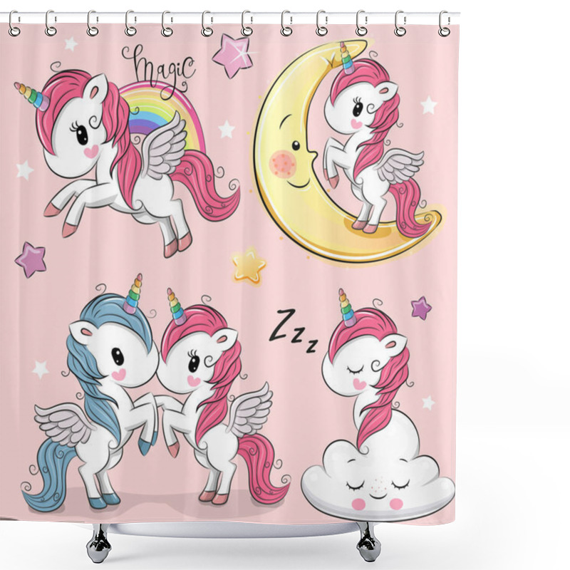 Personality  Set Of Cute Cartoon Unicorns Isolated On A Pink Background Shower Curtains