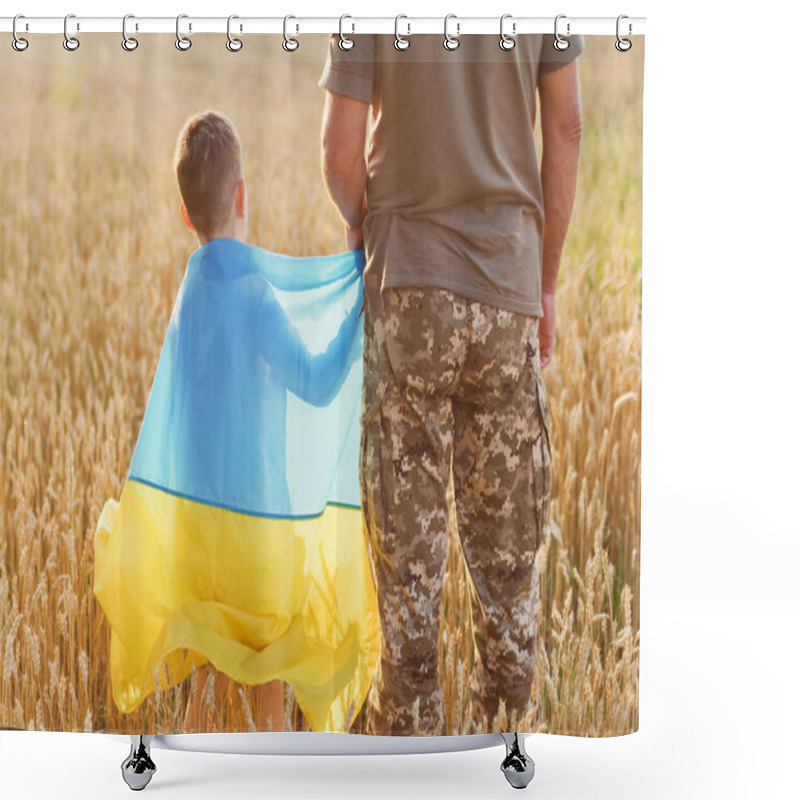 Personality  Military Man And Child With Ukraine Flag In Wheat Field. Ukraine Independence Day Concept. Stop War In Ukraine. Save Ukraine Shower Curtains