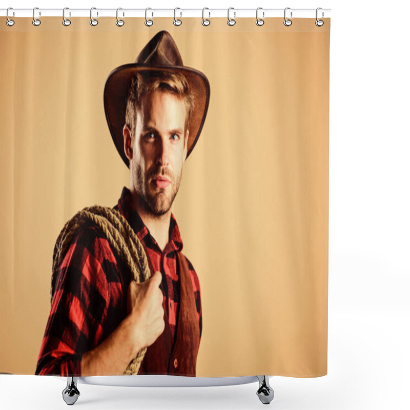 Personality  Lasso Is Used In Rodeos Part Competitive Events. Lasso Can Be Tied Or Wrapped. Western Life. Man Cowboy Beige Background. Man Wearing Hat Hold Rope. Ranch Occupations. Lasso Tool Of American Cowboy Shower Curtains