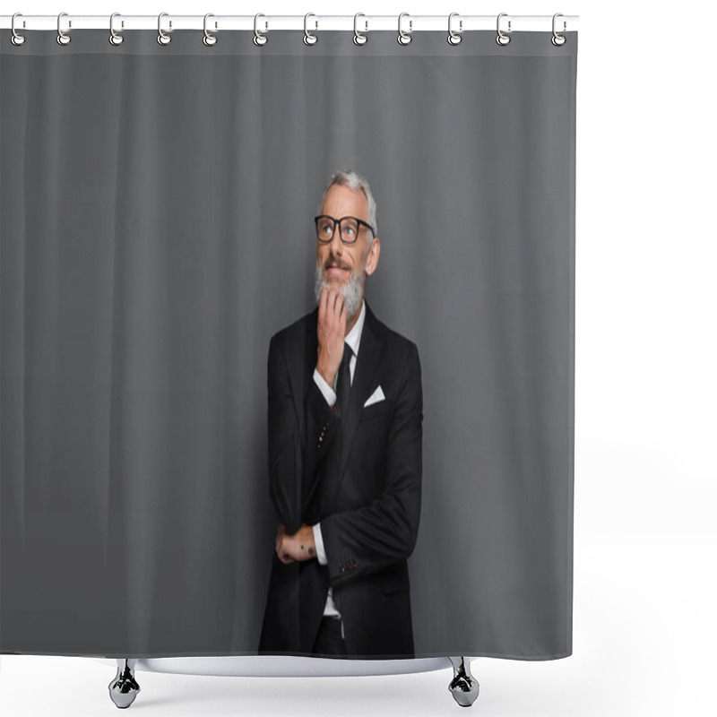 Personality  Pleased Middle Aged Businessman In Suit And Glasses Thinking On Grey Shower Curtains