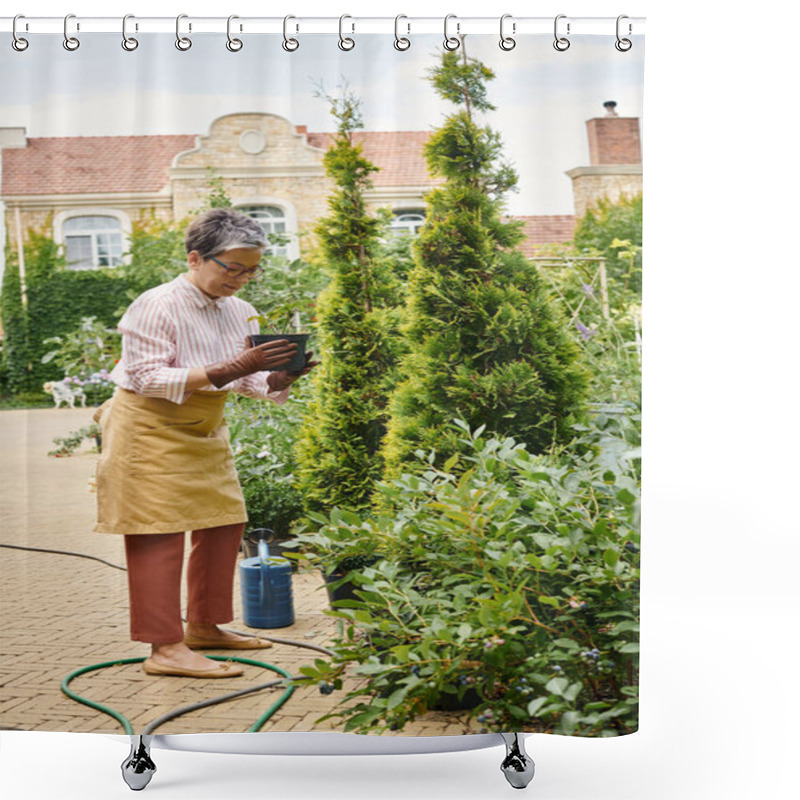 Personality  Good Looking Jolly Mature Woman With Glasses Taking Care Of Plant In Pot In Her Garden In England Shower Curtains